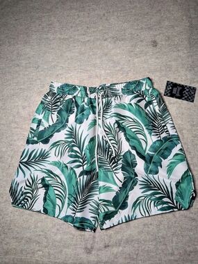 Rebel Men's Tropical Swim Trunks in Green & White NWT